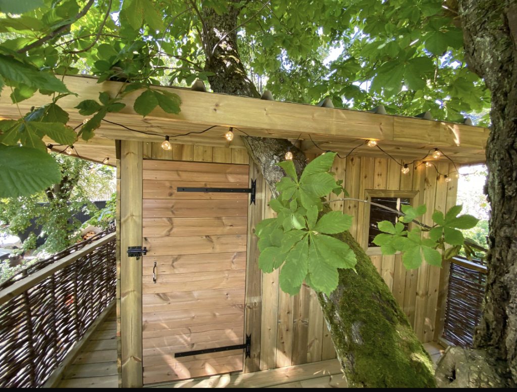 Cabane pour enfant en bois intégrée à un arbre dans un jardin au Vésinet (78)