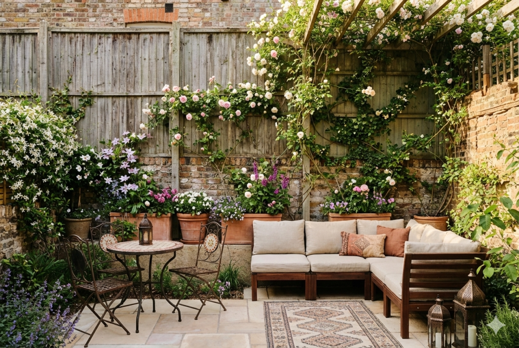 Petit jardin urbain aménagé avec un patio minéral, des plantes grimpantes sur clôture et un coin salon extérieur entouré de végétation fleurie.