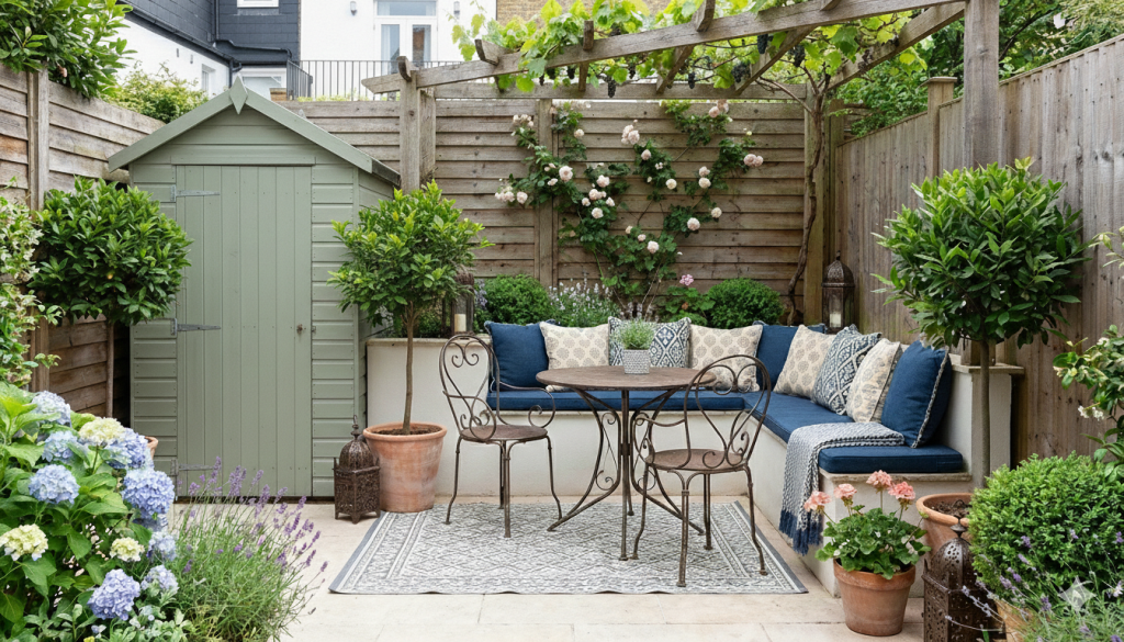 Petit jardin urbain aménagé avec une banquette maçonnée, une pergola en bois, des plantations en bacs et un coin repas extérieur intimiste.