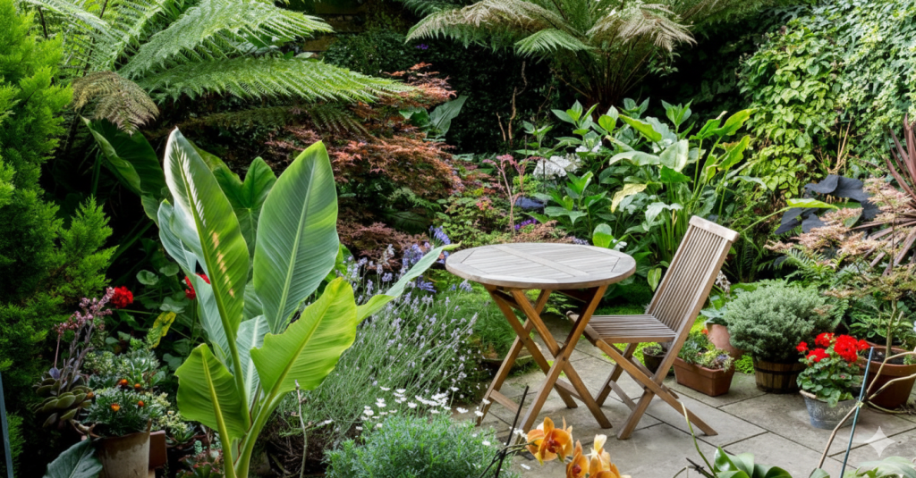 Petit jardin urbain aménagé avec une terrasse en dalles, un coin repas en bois et des plantations denses pour créer un espace intime et verdoyant.